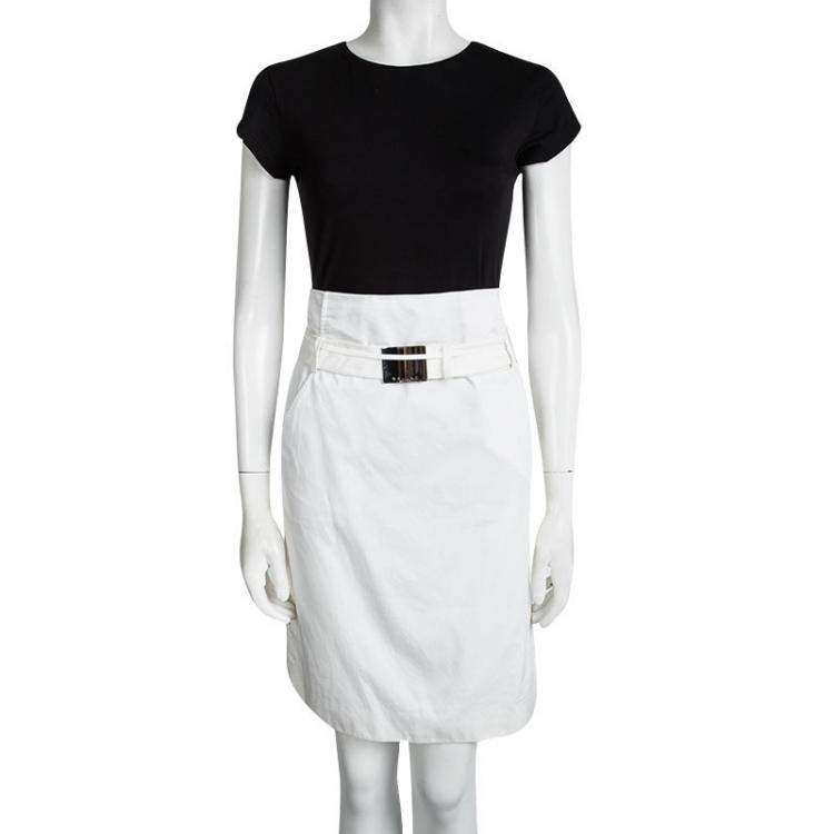 Pre Owned Celine Off White Cotton High Waist Belted Skirt S