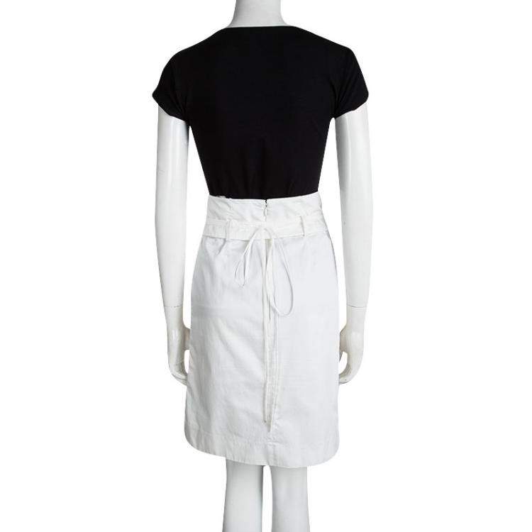 Pre Owned Celine Off White Cotton High Waist Belted Skirt S