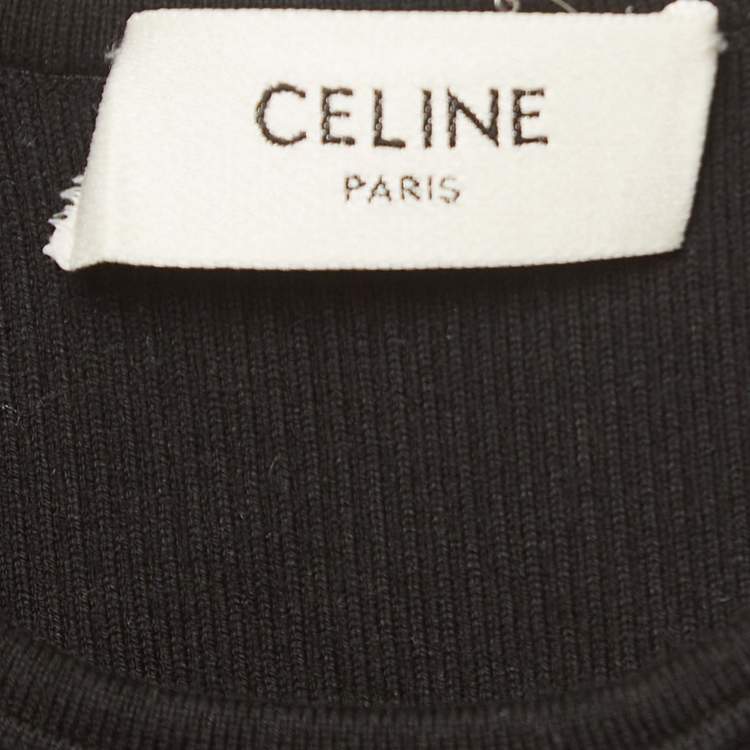Pre Owned Celine Black Logo Intarsia Hem Rib Knit Halter Neck Crop Top S