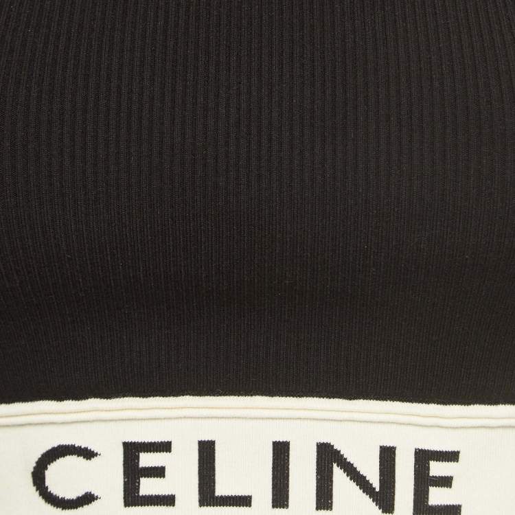 Pre Owned Celine Black Logo Intarsia Hem Rib Knit Halter Neck Crop Top S