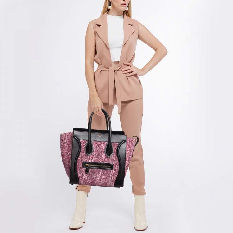 Pre Owned Celine Black/Fuchsia Knit Fabric and Leather Mini Luggage Tote