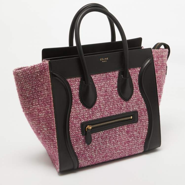 Pre Owned Celine Black/Fuchsia Knit Fabric and Leather Mini Luggage Tote