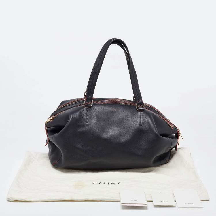 Pre Owned Celine Black Leather Zip Boston Bag