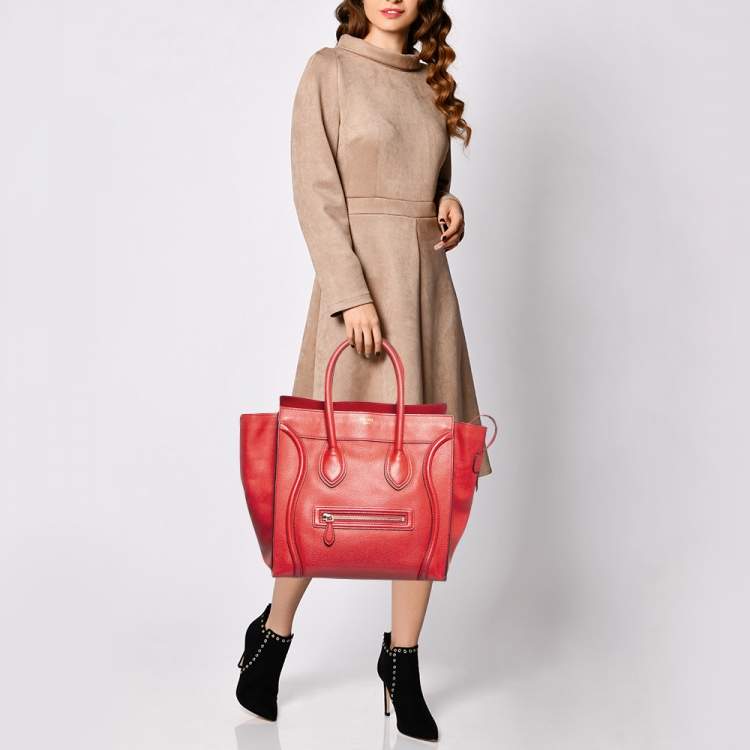 Pre Owned Celine Red Leather Mini Luggage Tote