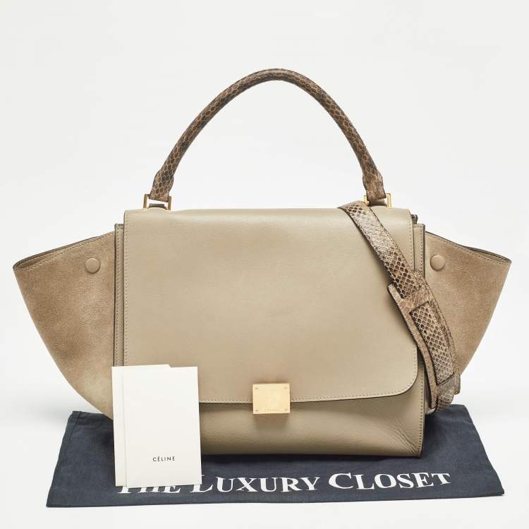 Pre Owned Celine Beige Leather, Suede and Python Medium Trapeze Bag