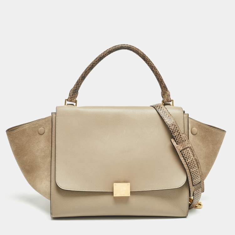 Pre Owned Celine Beige Leather, Suede and Python Medium Trapeze Bag