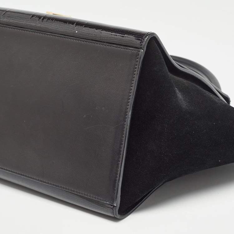 Pre Owned Celine Black Patent Leather and Suede Medium Trapeze Top Handle Bag