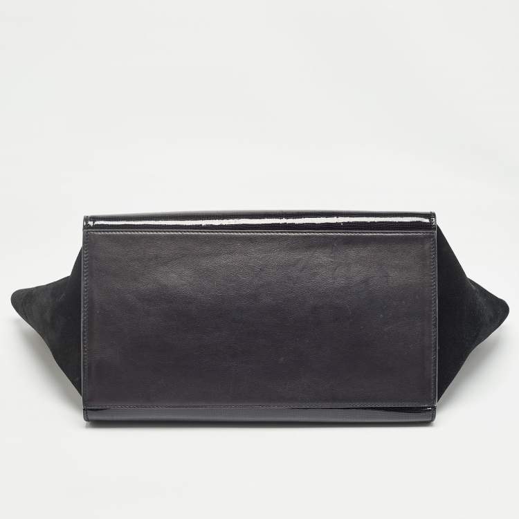 Pre Owned Celine Black Patent Leather and Suede Medium Trapeze Top Handle Bag