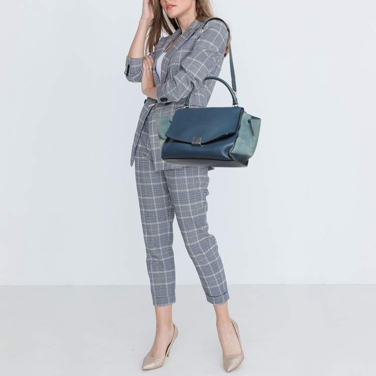 Pre Owned Celine Two Tone Blue Leather and Suede Medium Trapeze Bag