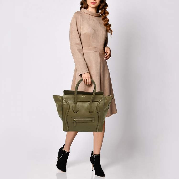Pre Owned Celine Olive Green Leather Mini Luggage Tote