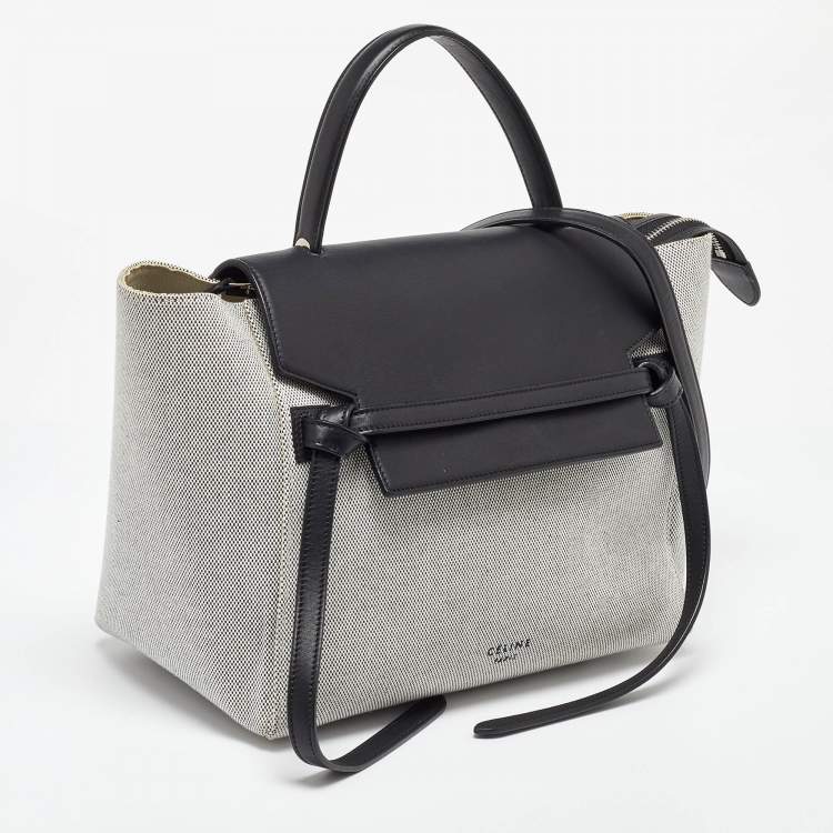 Pre Owned Celine Black/Off White Leather and Canvas Mini Belt Top Handle Bag