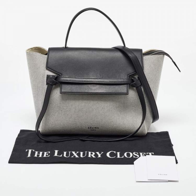 Pre Owned Celine Black/Off White Leather and Canvas Mini Belt Top Handle Bag
