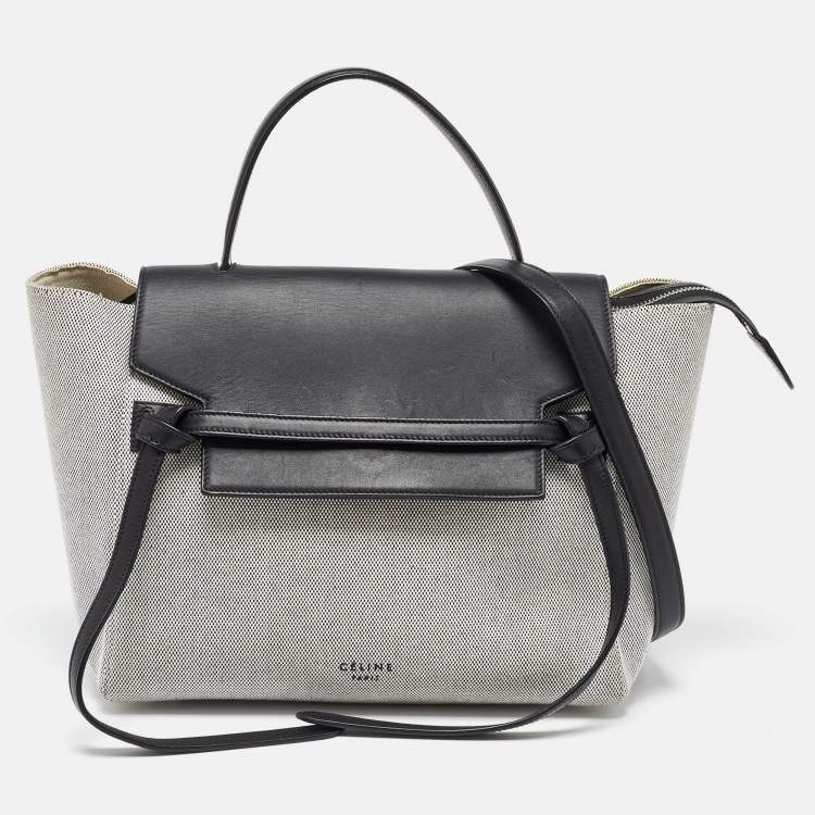 Pre Owned Celine Black/Off White Leather and Canvas Mini Belt Top Handle Bag