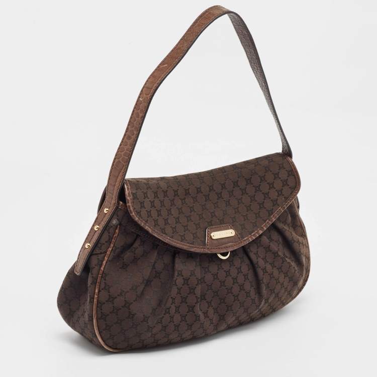 Pre Owned Celine Dark Brown Macadam Fabric and Leather Flap Hobo