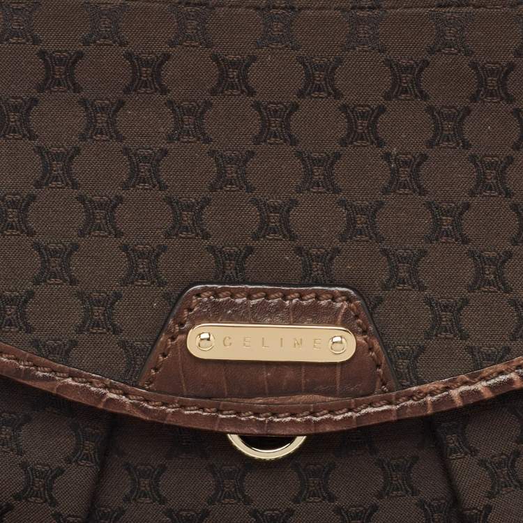 Pre Owned Celine Dark Brown Macadam Fabric and Leather Flap Hobo