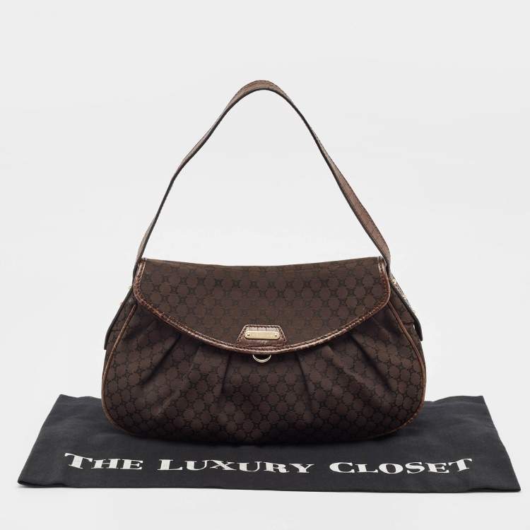 Pre Owned Celine Dark Brown Macadam Fabric and Leather Flap Hobo