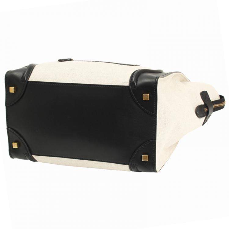 Pre Owned Celine Cream/Black Canvas and Leather Mini Luggage Tote