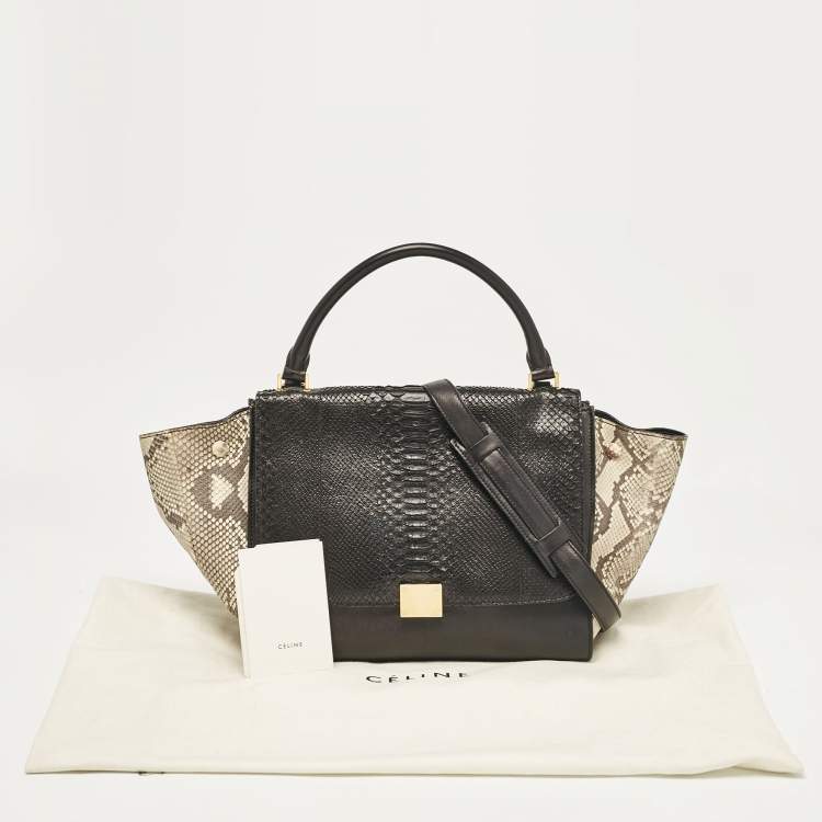 Pre Owned Celine Black/Beige Python and Leather Medium Trapeze Top Handle Bag