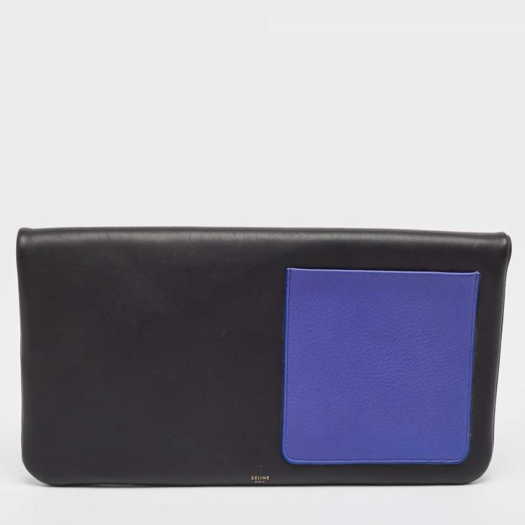 مملوكة مسبقًا Celine Black/Blue Leather Fold Over Zip Clutch