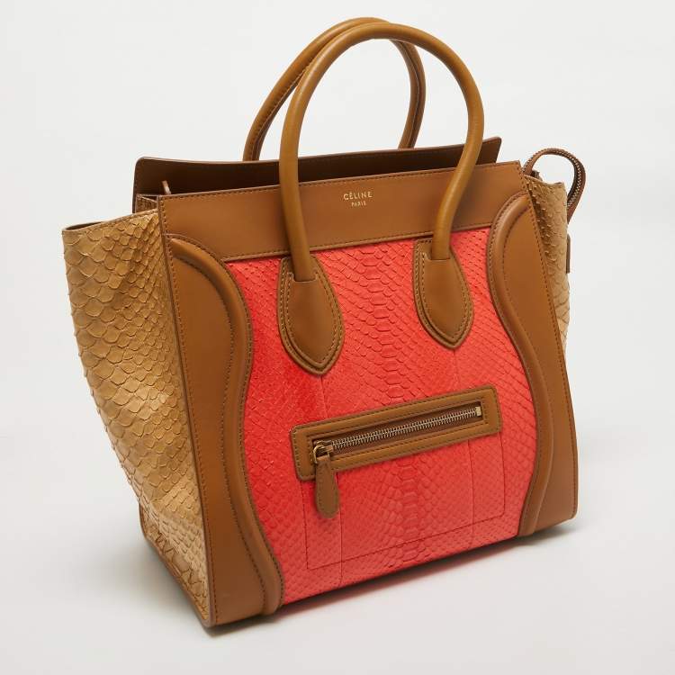 Pre Owned Celine Brown/Coral Orange Python and Leather Mini Luggage Tote