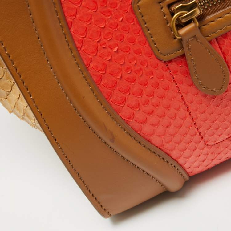Pre Owned Celine Brown/Coral Orange Python and Leather Mini Luggage Tote