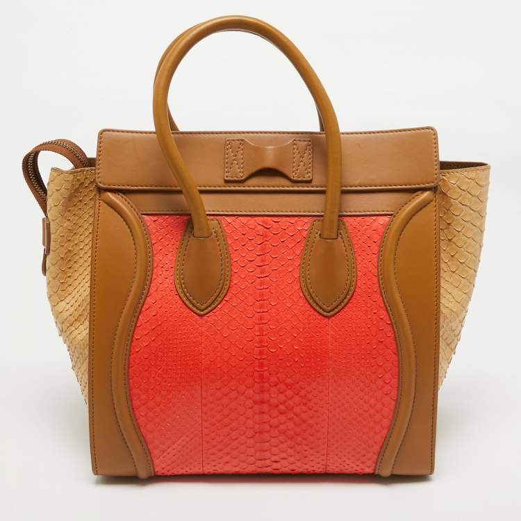 Pre Owned Celine Brown/Coral Orange Python and Leather Mini Luggage Tote