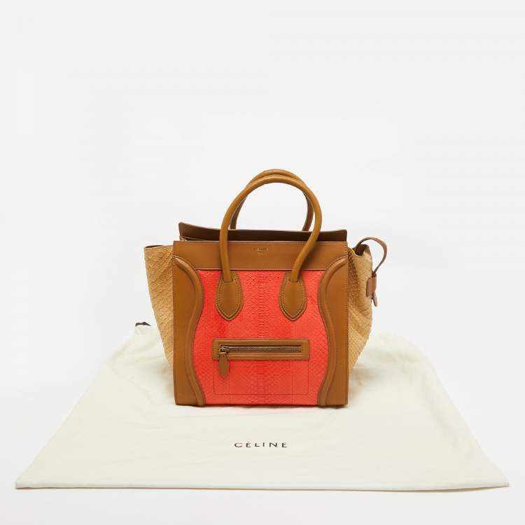 Pre Owned Celine Brown/Coral Orange Python and Leather Mini Luggage Tote