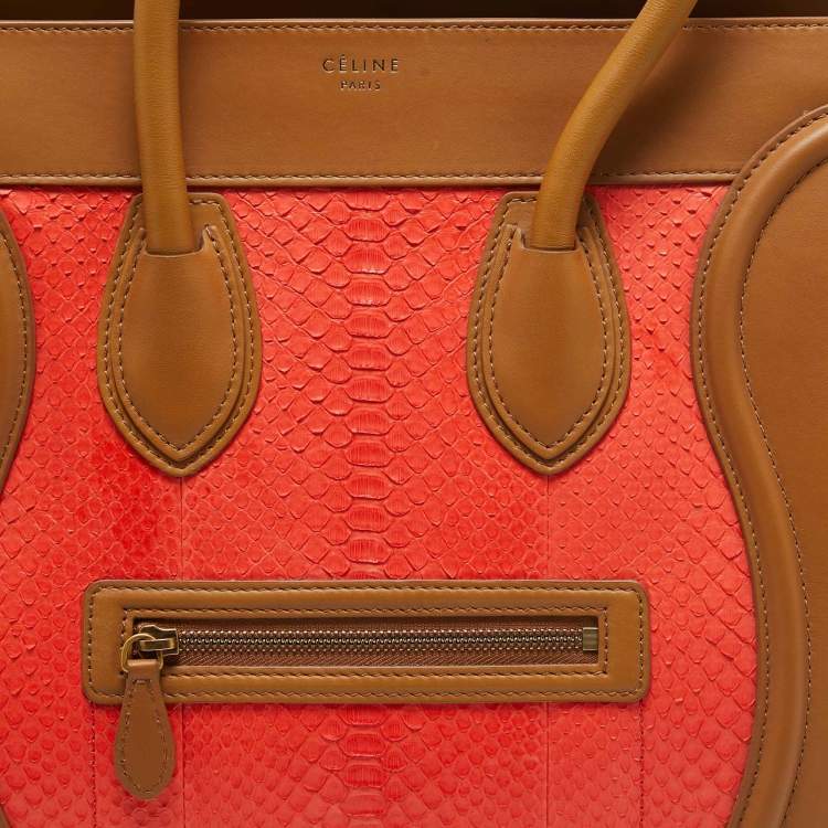 Pre Owned Celine Brown/Coral Orange Python and Leather Mini Luggage Tote