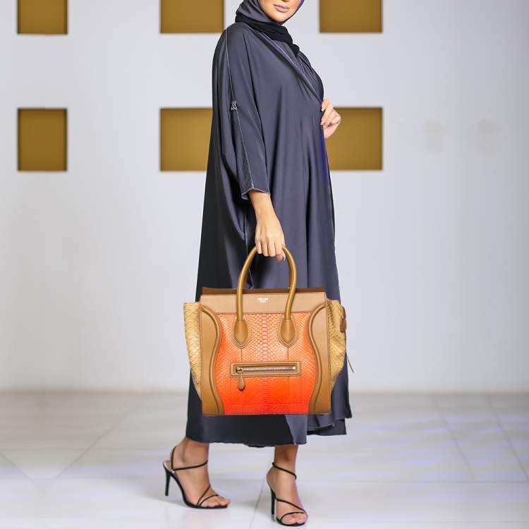 Pre Owned Celine Brown/Coral Orange Python and Leather Mini Luggage Tote