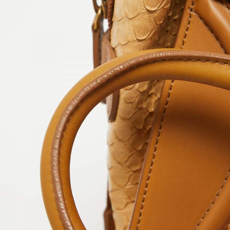 Pre Owned Celine Brown/Coral Orange Python and Leather Mini Luggage Tote