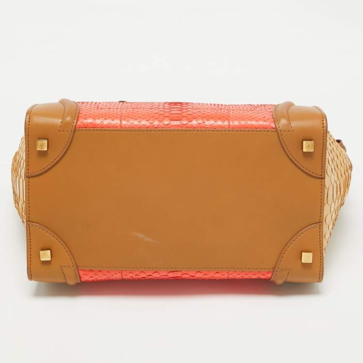 Pre Owned Celine Brown/Coral Orange Python and Leather Mini Luggage Tote