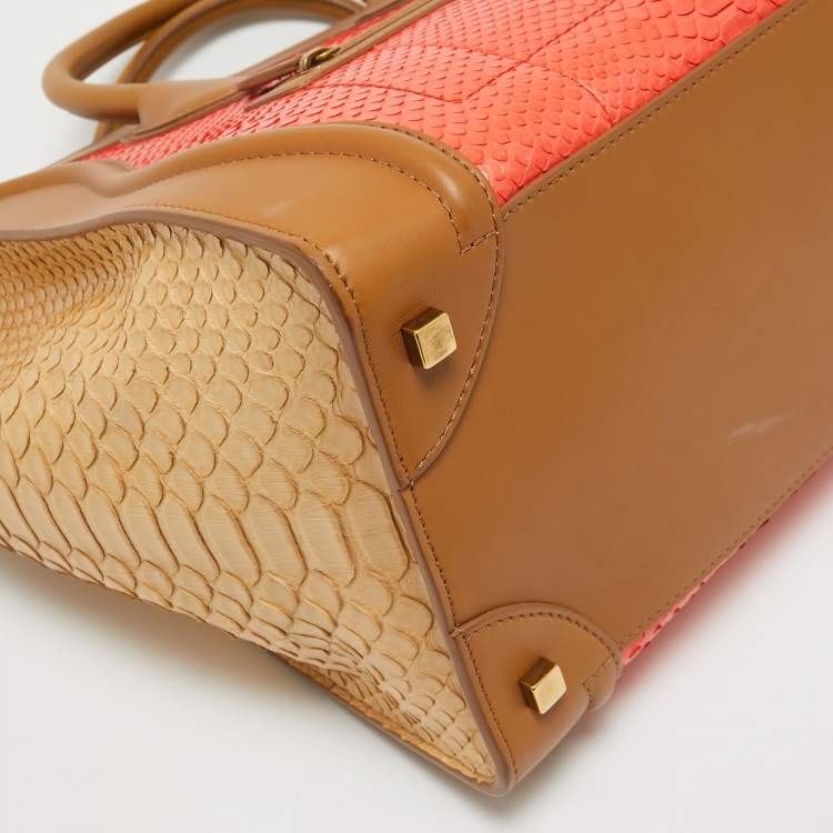 Pre Owned Celine Brown/Coral Orange Python and Leather Mini Luggage Tote