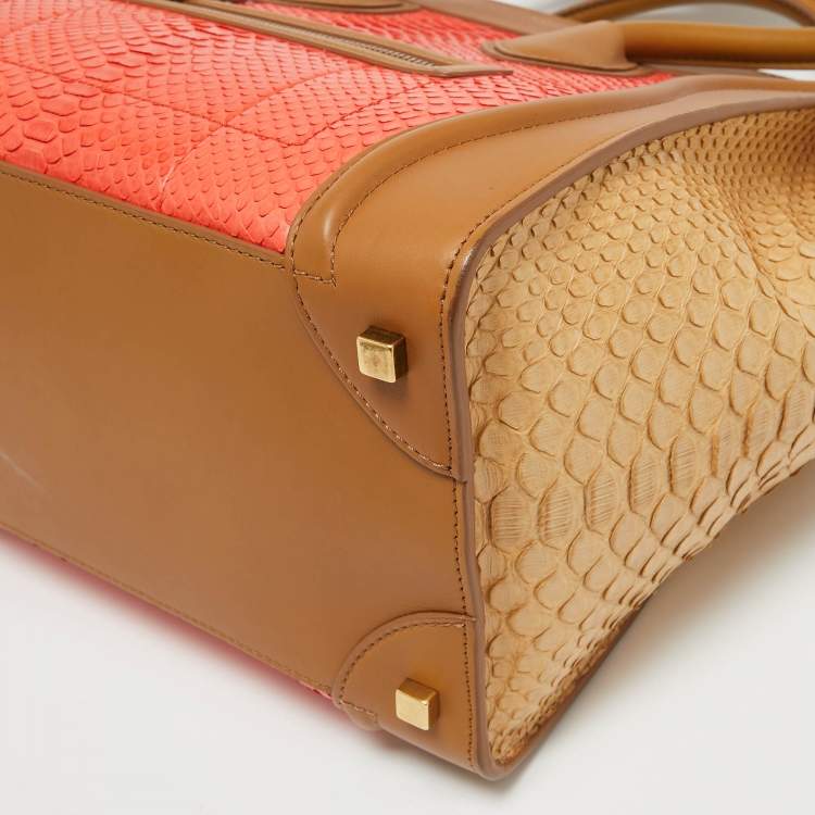 Pre Owned Celine Brown/Coral Orange Python and Leather Mini Luggage Tote