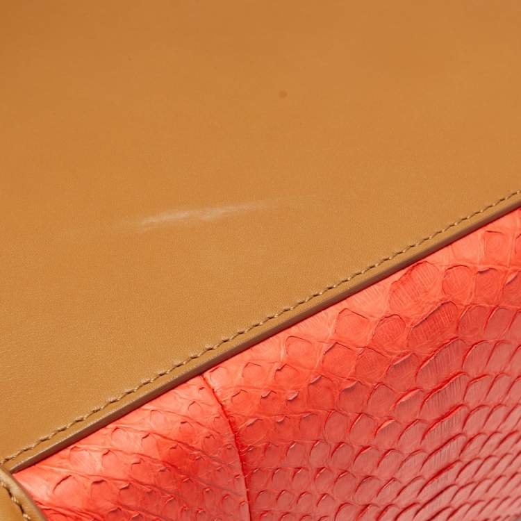 Pre Owned Celine Brown/Coral Orange Python and Leather Mini Luggage Tote