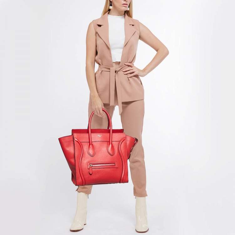 Pre Owned Celine Red Leather Mini Luggage Tote