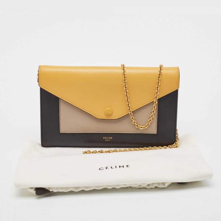 Pre Owned Celine Tricolor Leather Pocket Envelope Wallet On Chain