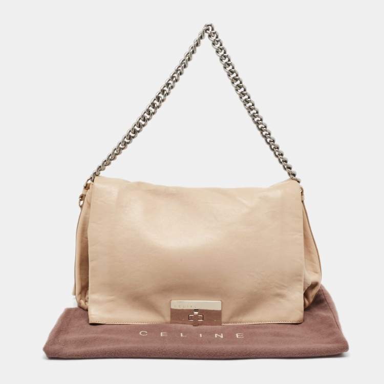 Pre Owned Celine Beige Leather Turnlock Flap Shoulder Bag