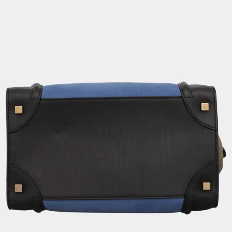 Pre Owned Celine Black, Blue, Dark Olive Green Leather Tricolor Mini Luggage Bag 