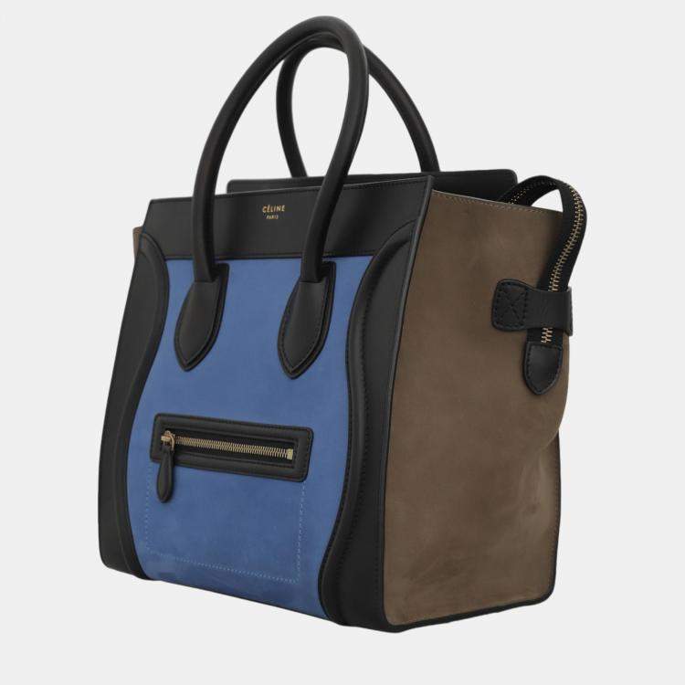 Pre Owned Celine Black, Blue, Dark Olive Green Leather Tricolor Mini Luggage Bag 