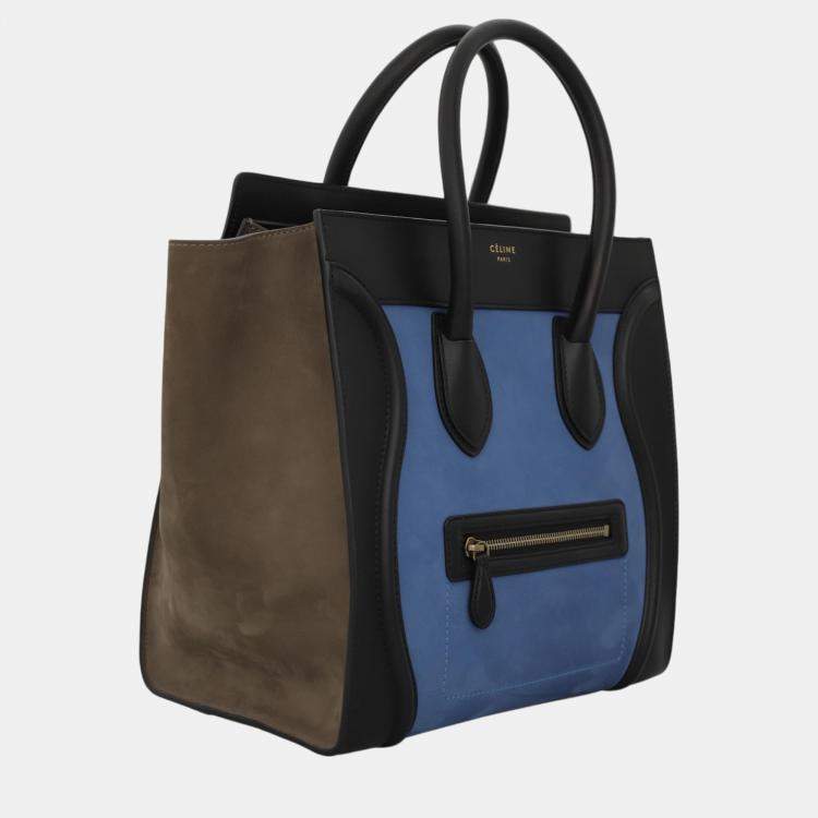 Pre Owned Celine Black, Blue, Dark Olive Green Leather Tricolor Mini Luggage Bag 