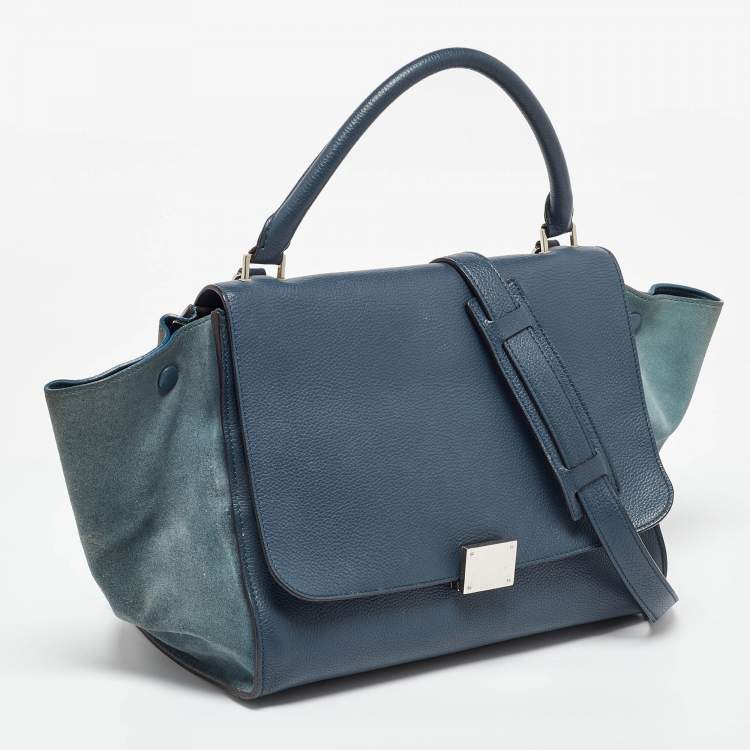 Pre Owned Celine Blue Leather and Suede Medium Trapeze Top Handle Bag