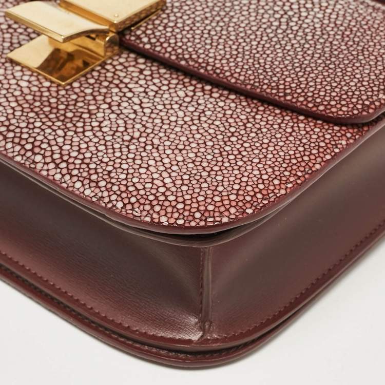 Pre Owned Celine Burgundy Stingray and Leather Medium Classic Box Shoulder Bag