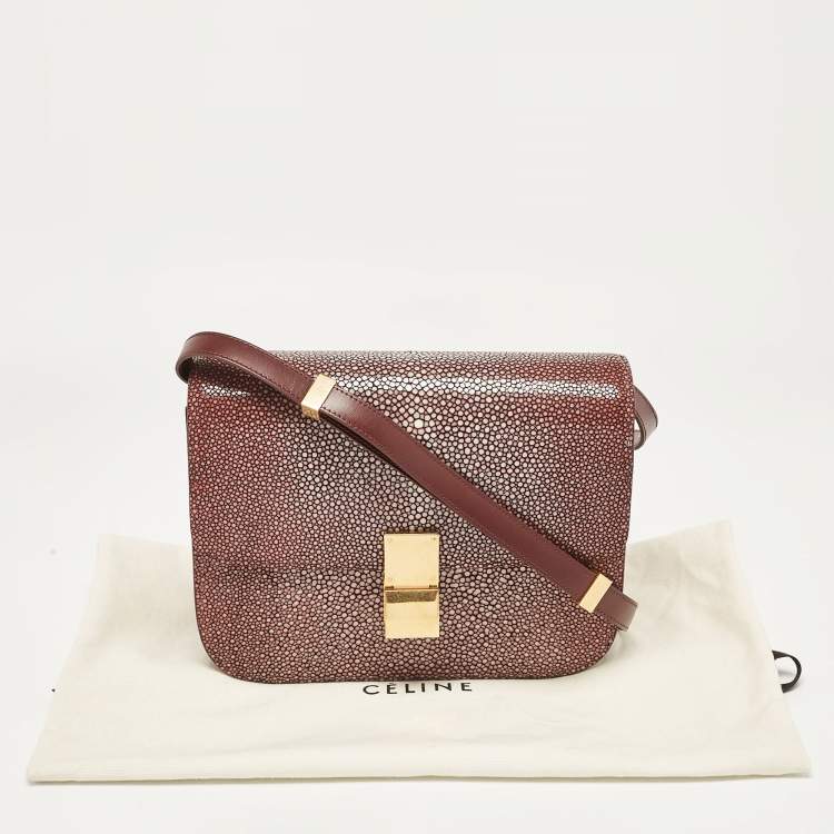 Pre Owned Celine Burgundy Stingray and Leather Medium Classic Box Shoulder Bag