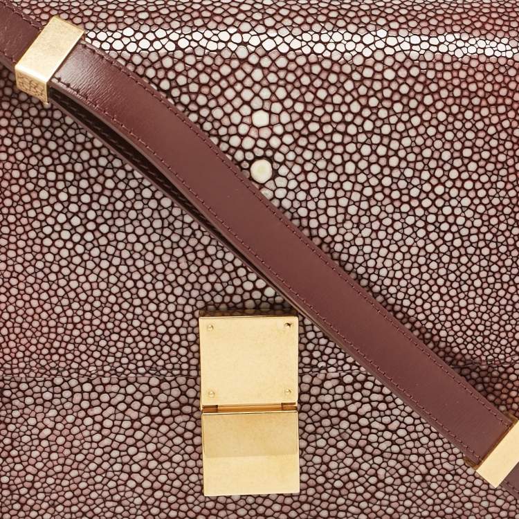 Pre Owned Celine Burgundy Stingray and Leather Medium Classic Box Shoulder Bag