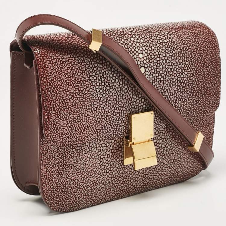 Pre Owned Celine Burgundy Stingray and Leather Medium Classic Box Shoulder Bag