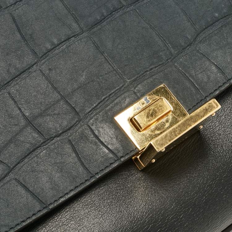 Pre Owned Celine Black Croc Embossed Nubuck and Leather Medium Trapeze Bag