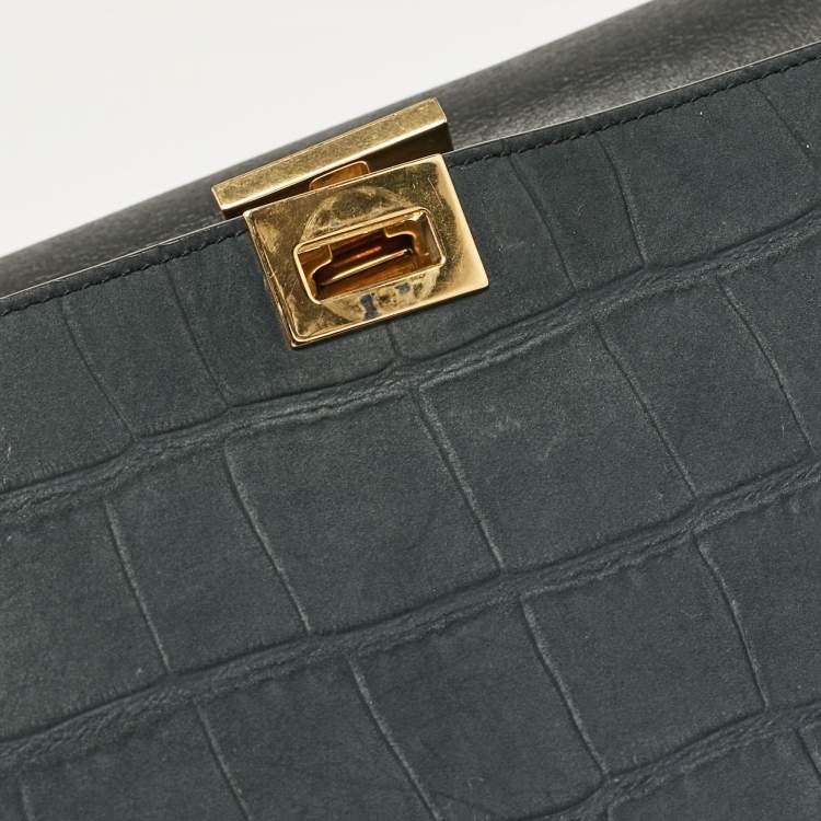 Pre Owned Celine Black Croc Embossed Nubuck and Leather Medium Trapeze Bag