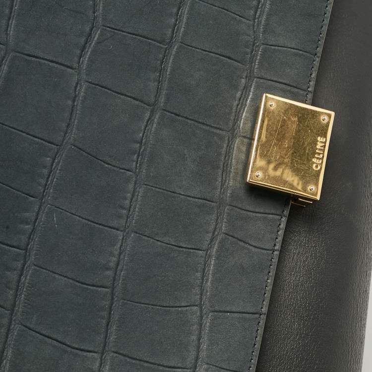 Pre Owned Celine Black Croc Embossed Nubuck and Leather Medium Trapeze Bag