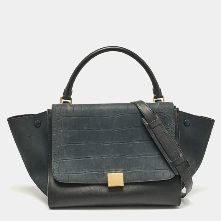 Pre Owned Celine Black Croc Embossed Nubuck and Leather Medium Trapeze Bag