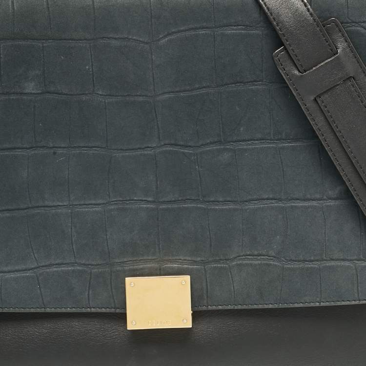 Pre Owned Celine Black Croc Embossed Nubuck and Leather Medium Trapeze Bag